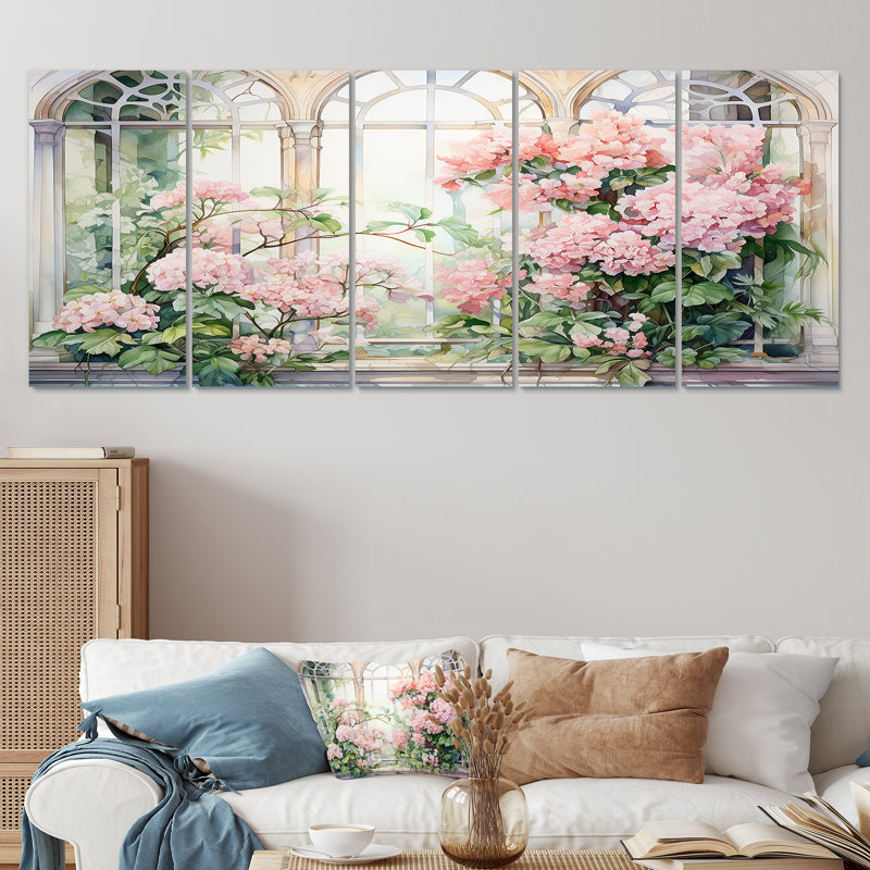 «Pink Blossoming Country Window Gaze III», art mural sur toile 5 pièces, H 32 po x l 80 po