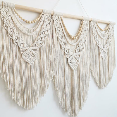 Large Macrame Wall Hanging - Boho Tapestry Macrame Wall Decor Art- Chic Bohemian Handmade Woven Tapestry Home Decoration For Bedroom Living Room Apartment Wedding Party - 43"X32" (Beige-Wood Bead)