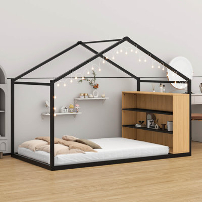 Structure de lit en métal (conception de maison) - tablettes et lumières incluses
