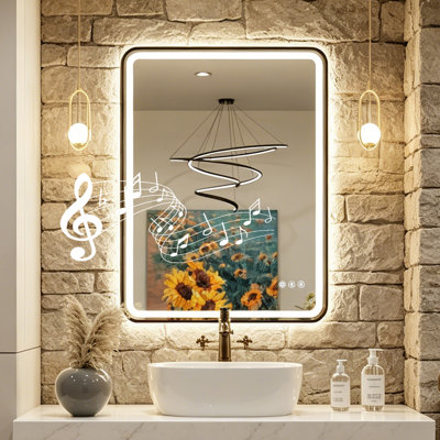 Frame LED Bathroom Mirror with Bluetooth Speakers, Front Light & Backlit Lighted Vanity Mirror for Wall, Anti Fog, Dimmable 3000k/4500K/6000K, Adjustable Brightness