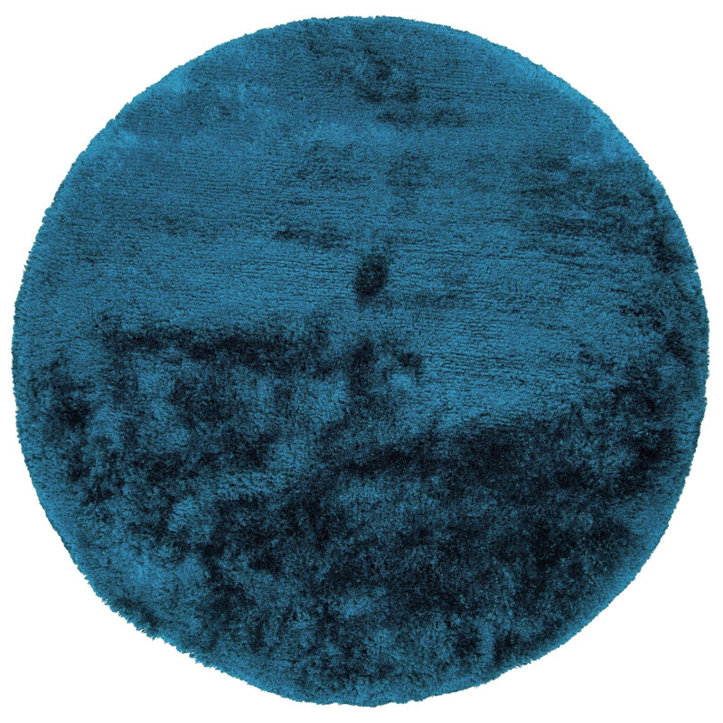 Joellen Authentic Hand-Woven Handmade High Pile & Thick Modern Classic Design Ocean Blue Shag Polyester Area Rug, Round 7'9"