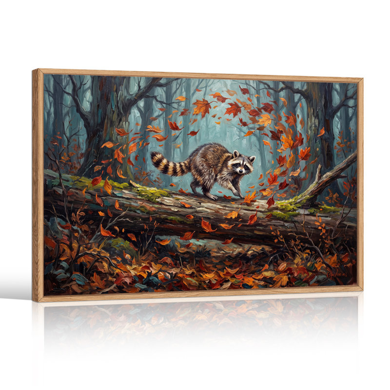 «Raccoon Walking on Fallen Log In Autumn Forest», art mural sur toile, H 24 po x l 36 po