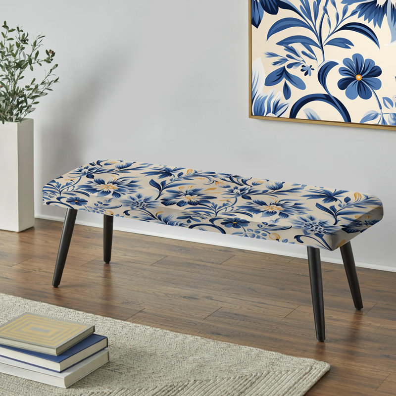 Motif floral damassé bleu et beige - Banc rembourré damassé noir