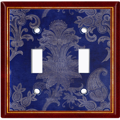Metal Light Switch Plate Outlet Cover (Navy Blue Elegant Flowers Red Trim - Single Toggle)