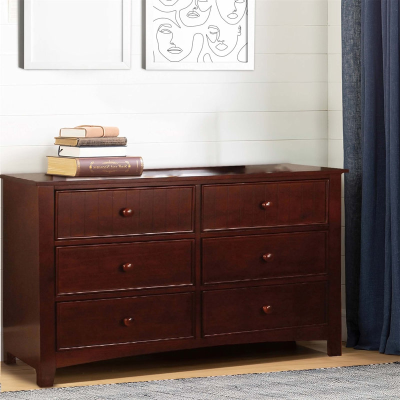 Commode en bois avec 6 tiroirs et pieds chanfreinés, brun cerise