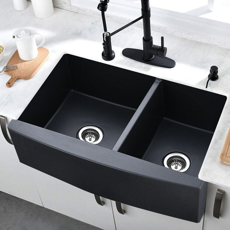 45 Black Quartz Kitchen Sink Double Bowl Drop-In Sink with Drain