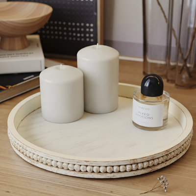 Round Wood Decorative Tray, Whitewashed Beaded-Edge Serving Tray for Coffee Table & Vanity Decor