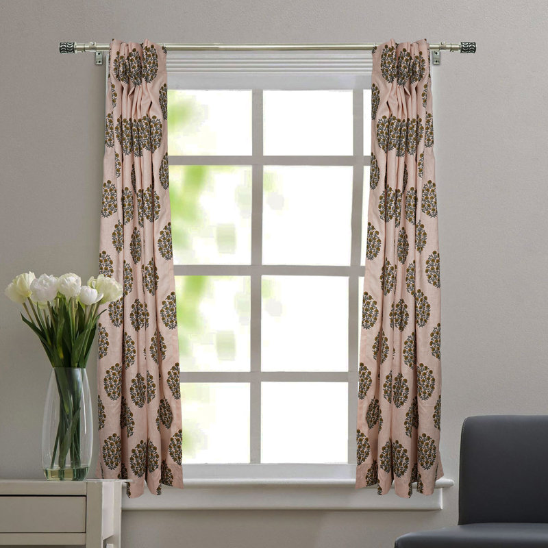 Rideau en lin gris et moutarde à motif floral imprimé à la main Guldasta, L 54 po x L 45 po