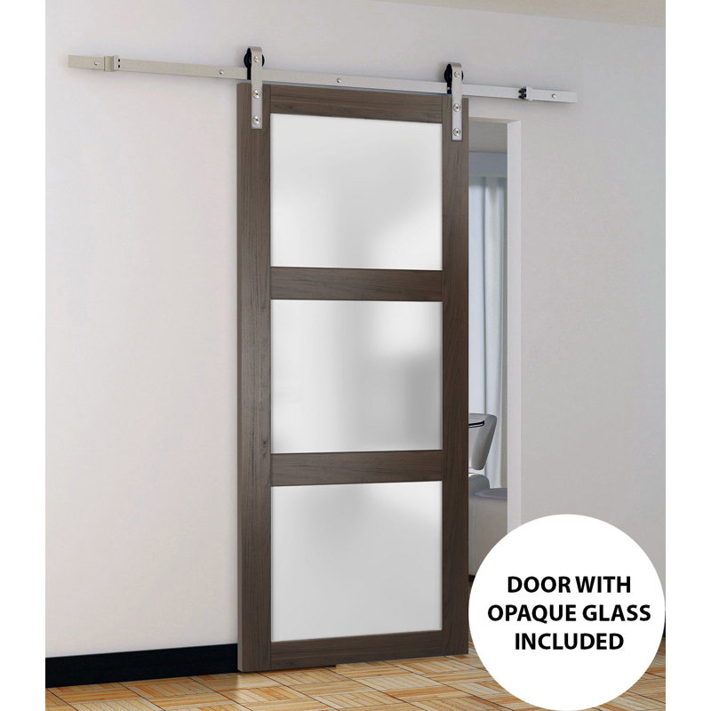 Porte de grange robuste en verre dépoli Lucia 2552, couleur frêne chocolat, rail de 2 m (6,6 pi), quincaillerie lourde, porte intérieure à panneau plein, 107 cm x 244 cm (42 po x 96 po), rail argenté.