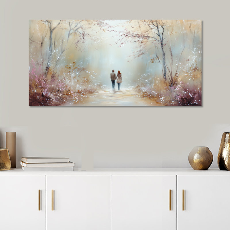 Impression moderne sur métal - Couple marchant dans la forêt, art mural mauve romantique, L 32 po x H 16 po