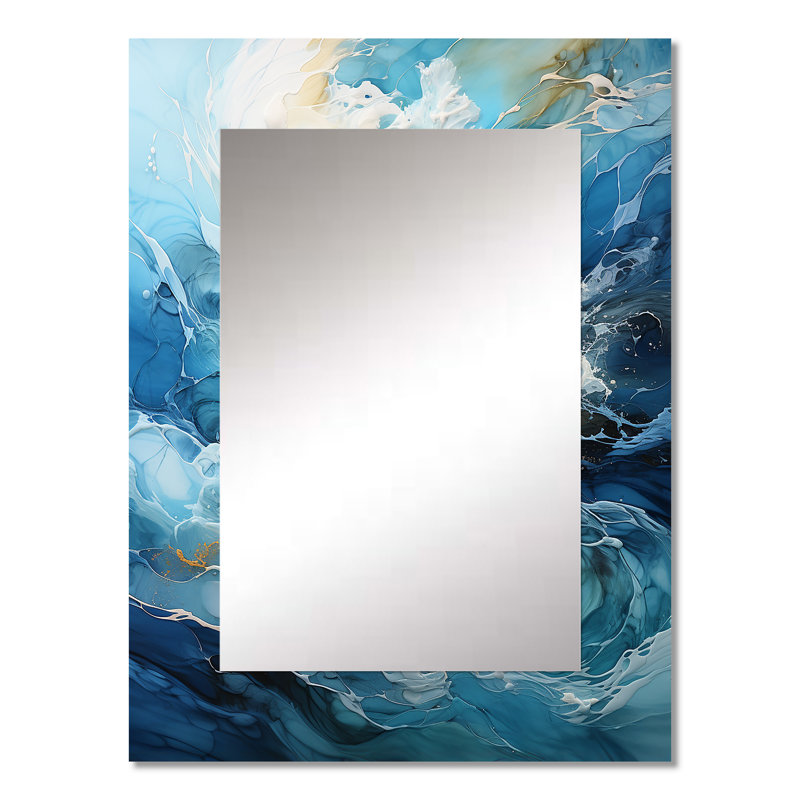 Moderne bleu doré, Wave Symphony II - miroir décoratif de vagues, miroir mural bleu, impression d'art en métal, 32 po x 24 po