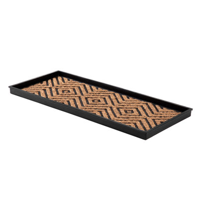 Eco-Friendly 14" x 34" Tan and Black Diamond Heavy-Duty Rubber Boot Tray with Raised Edge for Muddy Shoes, Garden Tools & Pet Supplies — Indoor/Outdoor