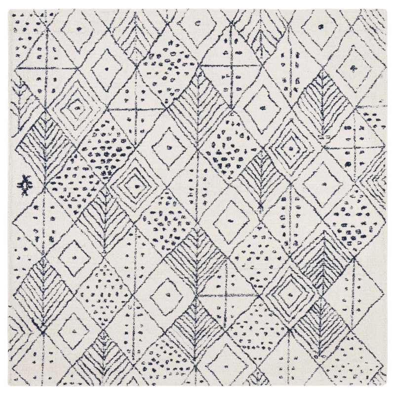 Anaistacia Hand Tufted Wool/Cotton Geometric Rug in Ivory/Blue, Square 6'