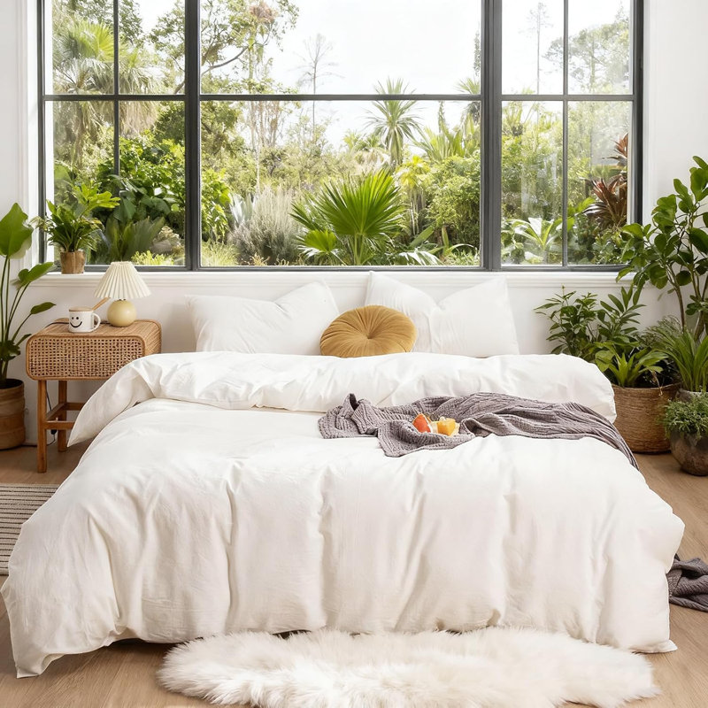 Ensemble de housse de couette 100% coton lavé Doneus, Housse de couette très grand + 2 taies d'oreiller, Blanc