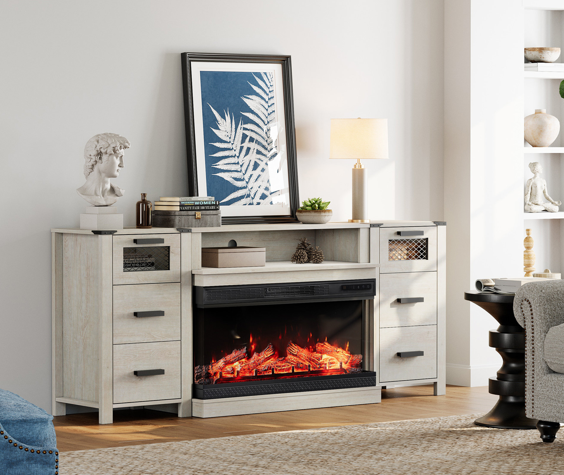Gracie Oaks Fireplace Drawer TV Stand Set For Ups To 85 Inch TV | Wayfair