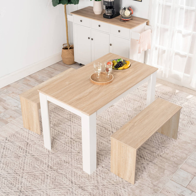 Space-Saving Wood Dining Table Set For 4, Dining Table Set With 2 Benches, White, 29.50”H x 47.20”L x 27.60”W, Oak