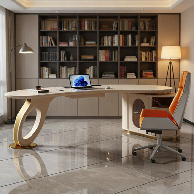 Designer Curved Sintered Stone Desk | Modern Minimalist High-End Study Computer Desk with Integrated Storage