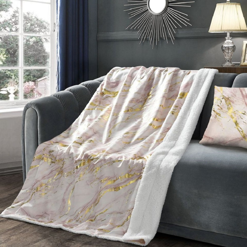 Hayslett Luxury Foil Printed Sherpa Backed Marble Throw Blanket, W150 x L200cm, Pink