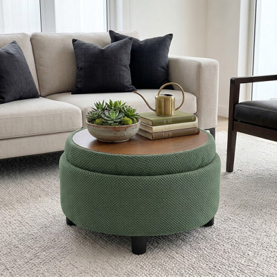 64 cm Round Coffee Table with Storage Tufted Ottoman Upholstered Footstool for Living Room Bedroom Entrway