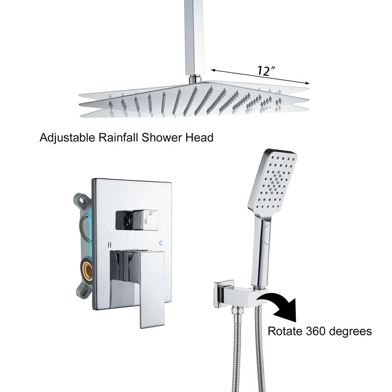 Système de douche carré complet à pression équilibrée avec valve brute, Chrome