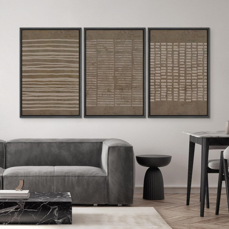 Geometric Line " No Texture Print - Grunge Greenish Brown Line Art, Abstract Neutral Artwork, Framed 3 Pieces Wall Art - Giclee Canvas Digital Print "