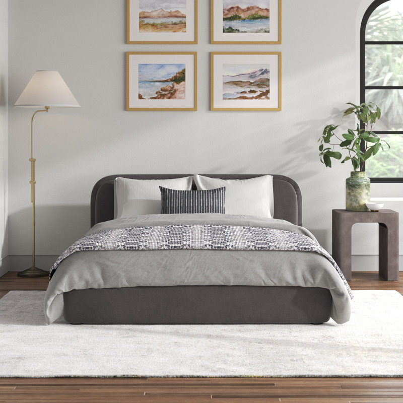 Shonda Upholstered Low Profile Platform Bed, King, Gray