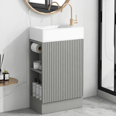 Meuble-lavabo gris 18,6 po avec planche et lavabo en céramique, système de tablettes combinables