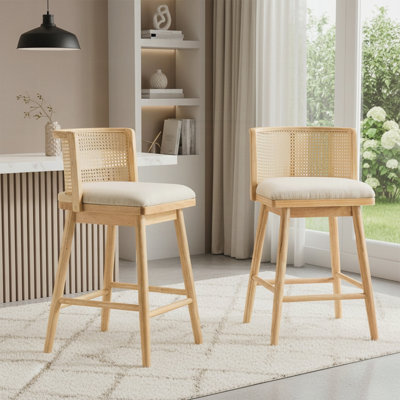 Tabouret de comptoir d'intérieur rembourré en bois, ensemble de 2, avec dossier en rotin et siège moelleux pour plus de confort et de style