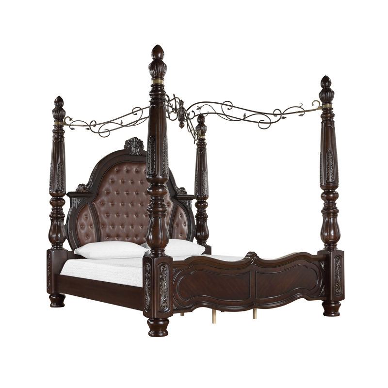 Palazzo Marina Walnut Queen Canopy Bed with Tufted Faux Leather Headboard