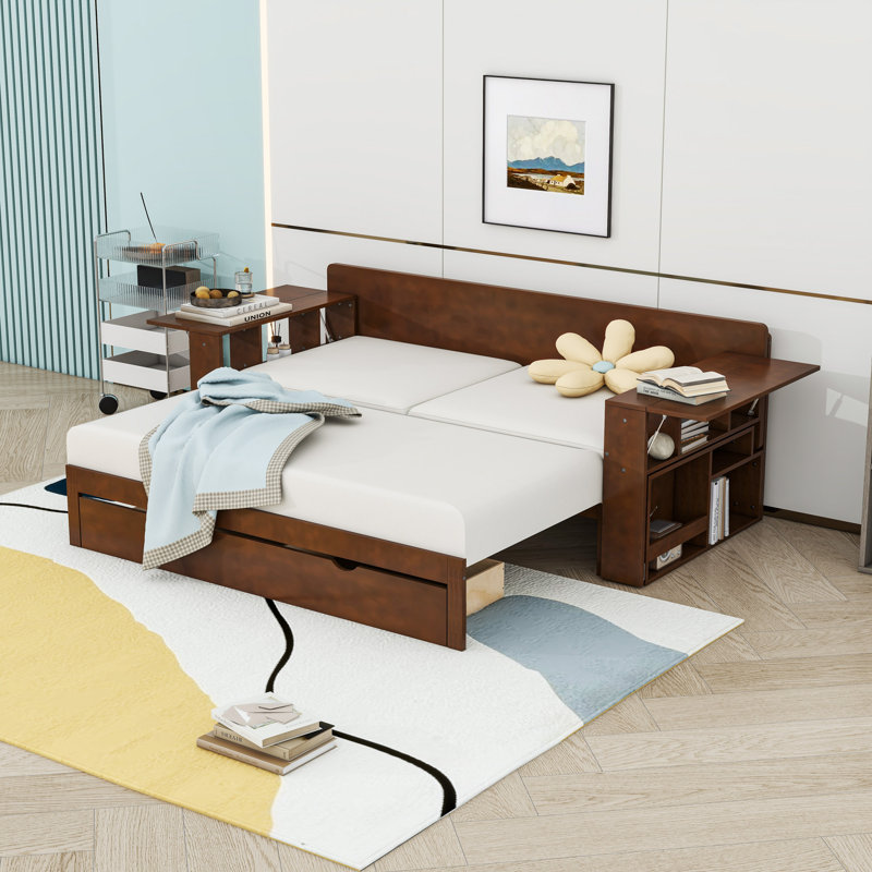 Multifunctional Daybed with Drawers and Desk,Shelves, Espresso, Queen