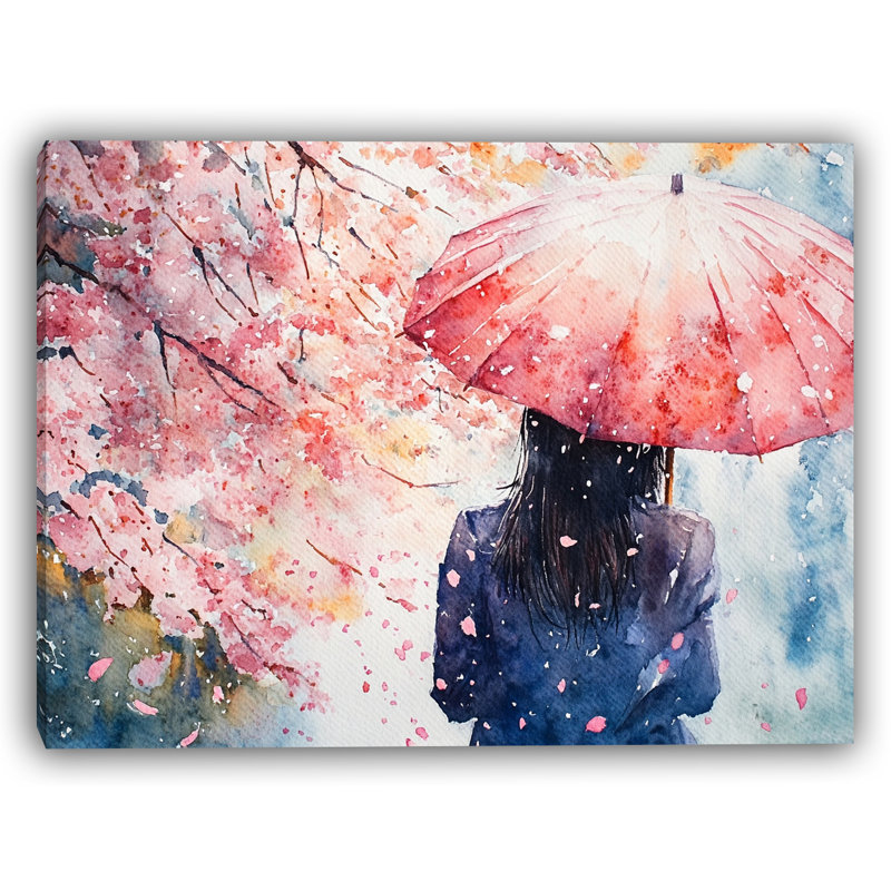 «Cherry Blossom Rain I - Graceful Girl with Umbrella», art mural, H 24 po x l 36 po