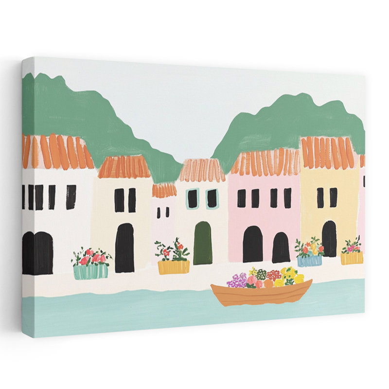 «Colorful Coastal Village», impression d'art contemporain abstrait, H 32 po x l 48 po