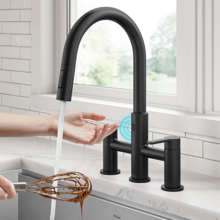 KRAUS Oletto Touchless Sensor Bridge Kitchen Faucet With Pull-Down Sprayhead