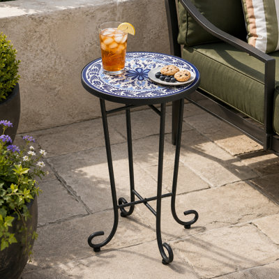 Bohemian Mosaic Round Outdoor Side Table with Ceramic Tile Top and Weather Resistant Steel Frame for Patio Porch Balcony Garden and Living Room