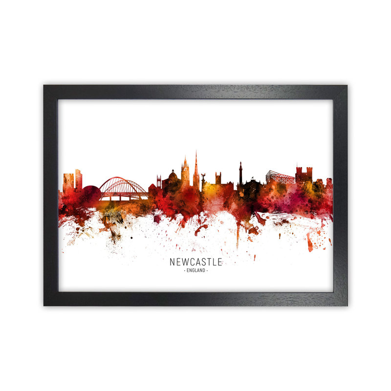 Newcastle England Skyline Red City Name by Michael Tompsett - Print, Black Framed, 34cm H x 46cm W x 3cm D