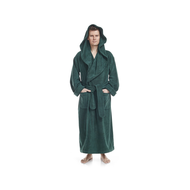 Peignoir 100% coton éponge garçon / homme + cheville avec poches et capuche, S, Vert chasseur