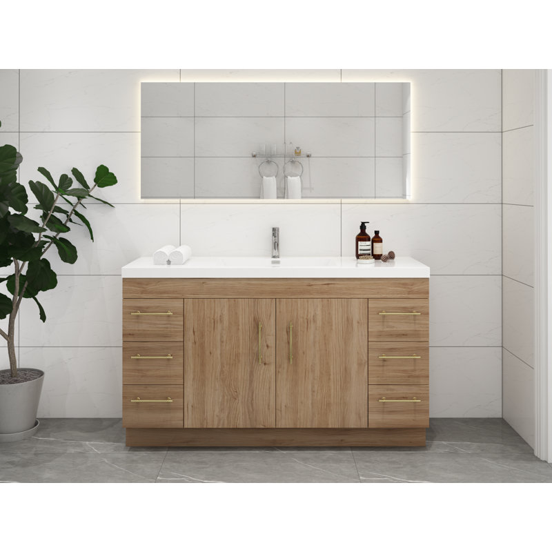Ensemble de meuble-lavabo simple 59 po Carliss, Naturel / chêne, Or