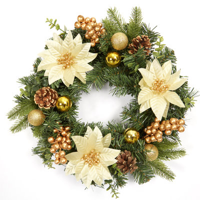 Couronne de Noël de 24 po pour la porte d'entrée, couronne de Noël pré-éclairée avec lumières, boules en or rouge, pommes de pin et arc pour la décoration des Fêtes