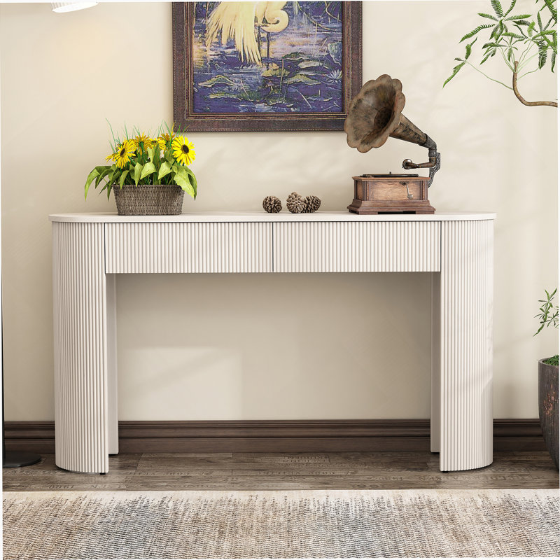 Table d'entrée avec design cannelé, console moderne avec rangement, plateau ovale et 2 tiroirs pour l'entrée et le salon (blanc champagne)