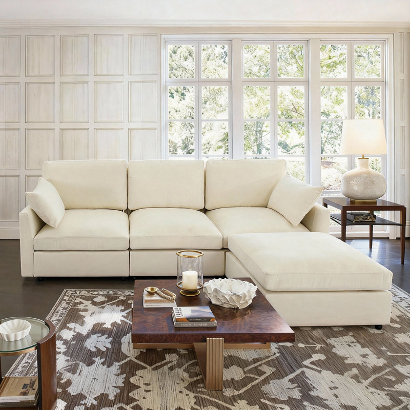 Sarang 4-Piece Modular Cloud Couch Reversible Sectional with Ottoman, Beige Chenille