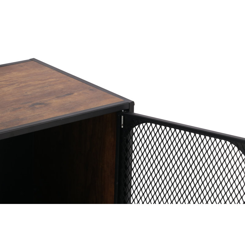 Black Steel and Wood 2-Door TV Cabinet with Mesh Panels