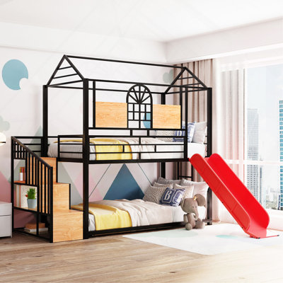 Lit superposé simple au-dessus d'un lit simple, lit de maison en métal avec glissière et escalier de rangement, avec glissade rouge