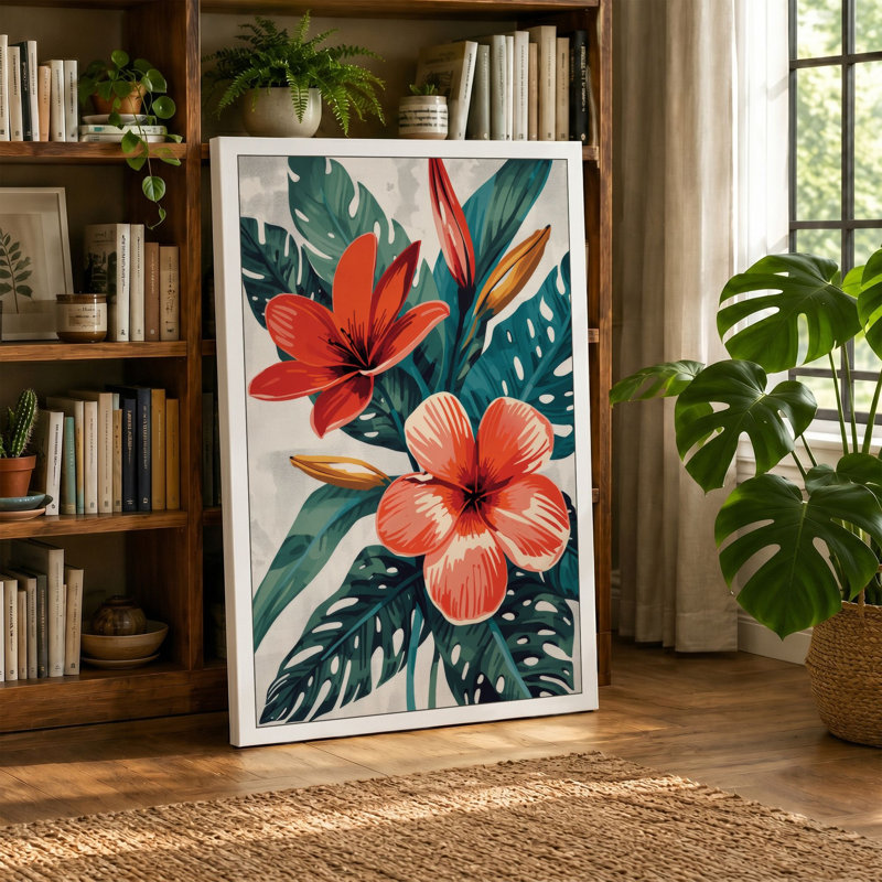 Monstera and Bloom Botanical - Wrapped Canvas, 24x16 - 61.0 x 40.6 cm, Taupe Border