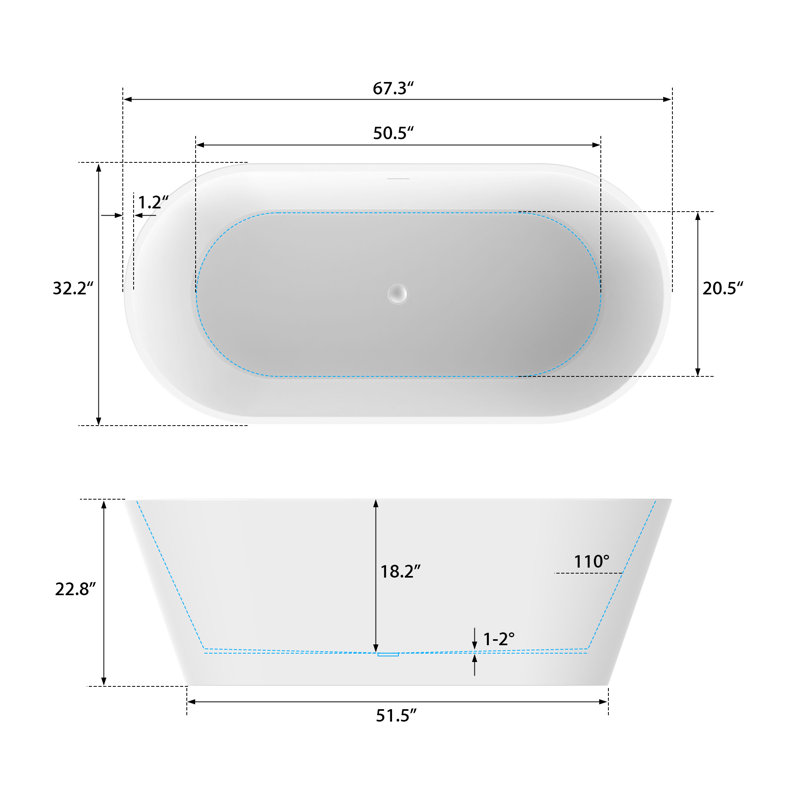 67'' x 32'' Freestanding Soaking Acrylic Bathtub, White/Matte Black