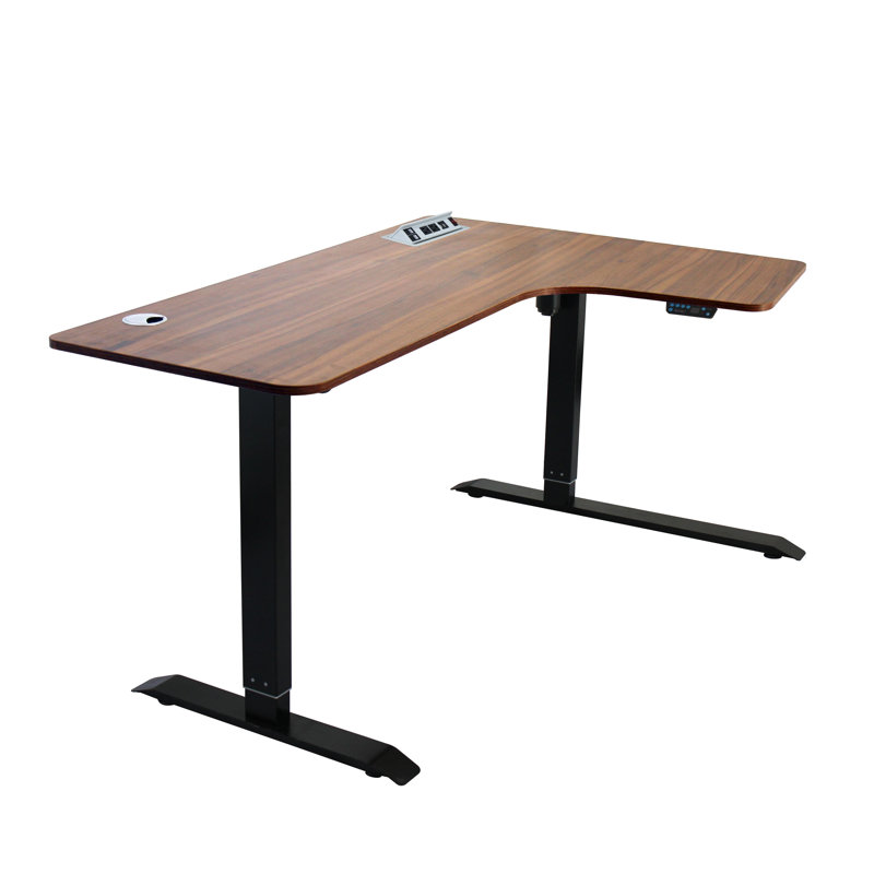 Bureau en hauteur à hauteur ajustable en L avec prises intégrées, Chêne foncé / noir
