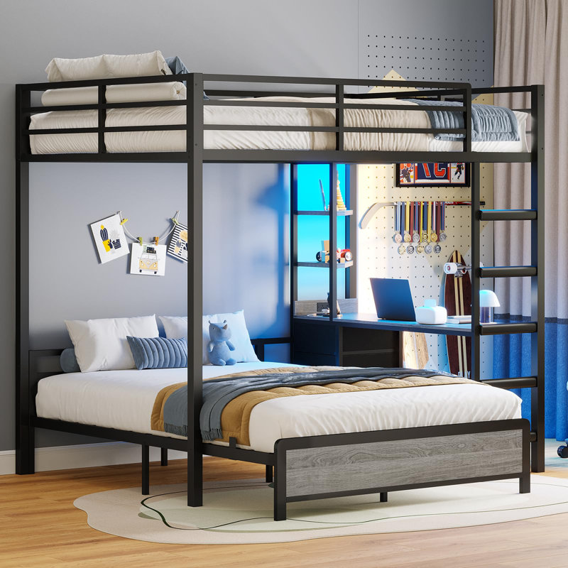 Bunk Bed With Desk, Full Over Full Bunk Beds With Charging Station And Led Lights, 4 Storage Drawers And 2 Open Storage Shelves, Gray