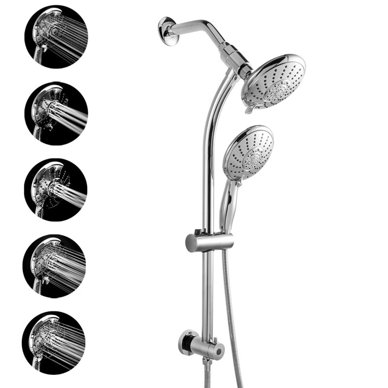 5 Setting Double Rain Shower Set with Adjustable Slide Bar & Stainless Steel Hose, Chrome