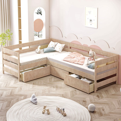 Twin Size L-shaped Platform Bed with Three Storage Drawers, Natural