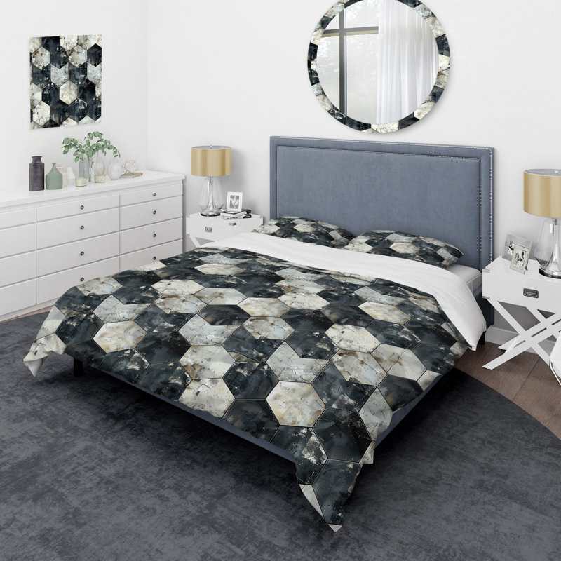 Ensemble de housse de couette gris noir glamour Hexagon III - Glam, Housse de couette pour grand lit + 2 taies décora