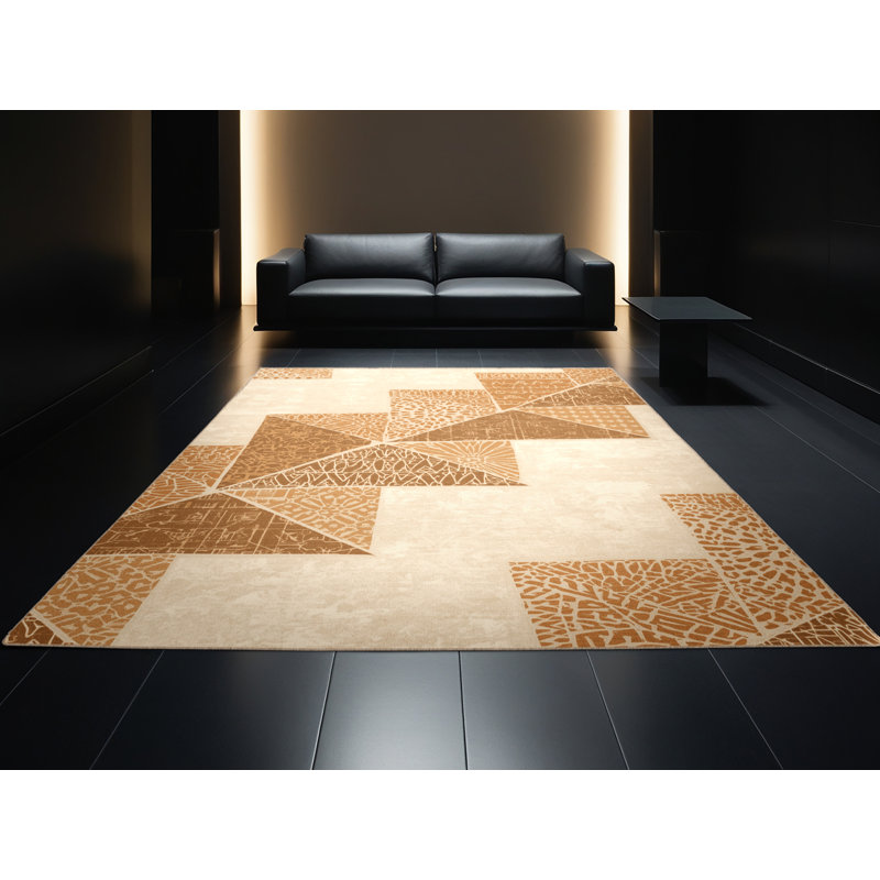 Machine Washable Tomohon Samosas Global Inspired Block Print Rug in Beige – Beige Binding, 8x10